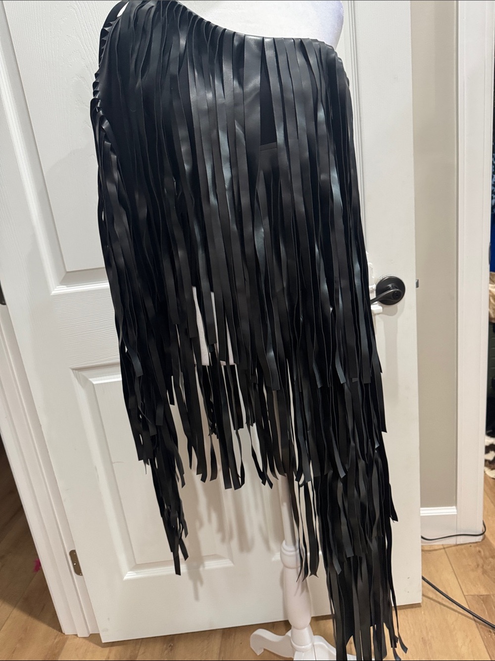 AKIRA Black One-Shoulder Fringe Leather Jacket - Picture 2 of 4